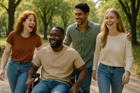 Happy multi ethnic friends enjoying a sunny day together, strolling through a park, supporting their friend in a wheelchairの素材