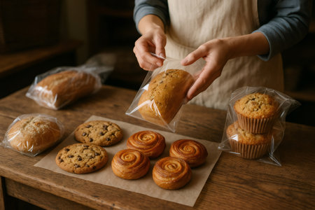 Baker wrapping freshly baked goods in individual clear plastic bags on a rustic wooden table inside a cozy bakery shopの素材