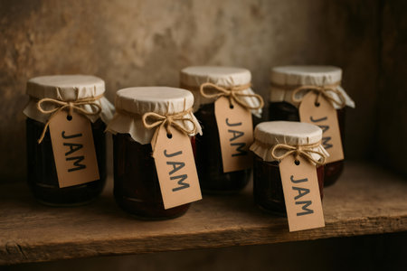 Glass jars of homemade fruit jam resting on a wooden shelf, tied with twine and labeled with brown kraft paper tagsの素材