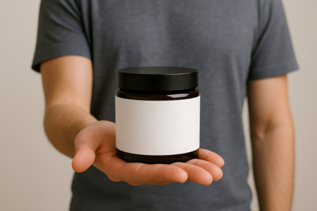 Close up of a hand holding a dark glass cosmetic jar with a blank white label and black lid, perfect for showcasing your product designの素材