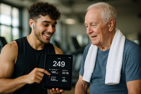 Young fitness instructor showing workout progress to a senior man on a digital tablet, promoting health and active lifestyle in old ageの素材