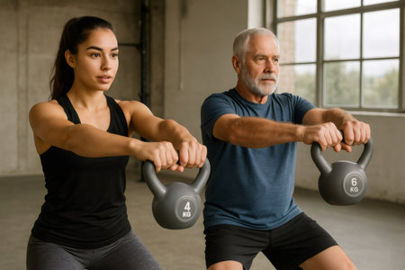Senior man and young woman performing synchronized kettlebell lifts, demonstrating strength and fitness in a gym settingの素材