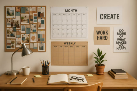 Cozy home office inspiring productivity with an open notebook, glasses, a desk lamp, plants, and stationeryの素材