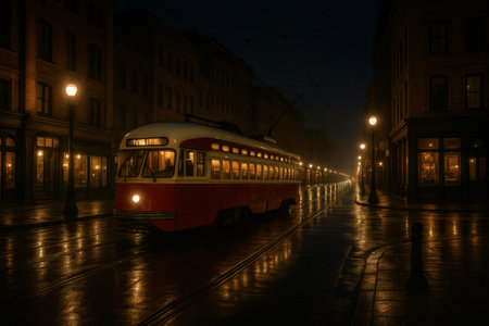 Red streetcar driving down a city street on a rainy night, illuminating the wet pavement and surrounding buildingsの素材