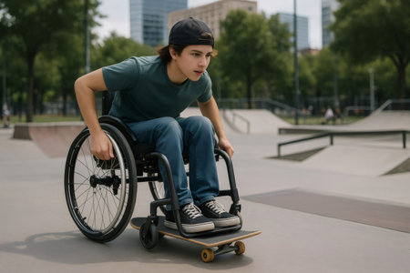 Teenager with disability using a wheelchair is skateboarding in a skatepark, practicing adaptive skateboardingの素材