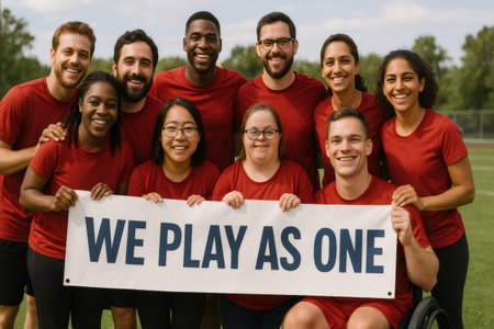 Diverse group of athletes in red shirts, including a person using a wheelchair, holding a banner with the message we play as one, symbolizing teamwork and inclusivity in sportsの素材