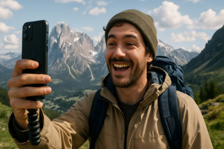 Young male hiker with taking a backpack a selfie with his smartphone in a sunny day in the Italian Dolomitesの素材