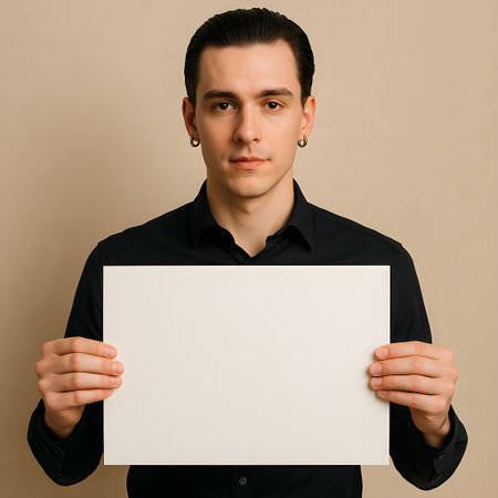 Young businessman in a black shirt holding a blank vertical white paper sheet against a soft beige background, ready for various usesの素材