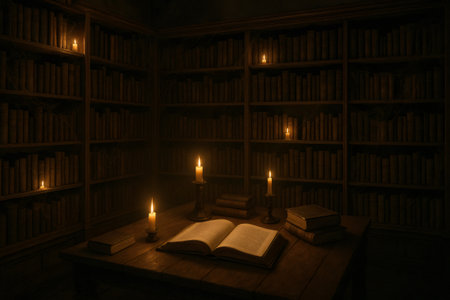 Old books and candles illuminating a mysterious library, creating a cozy and magical atmosphereの素材