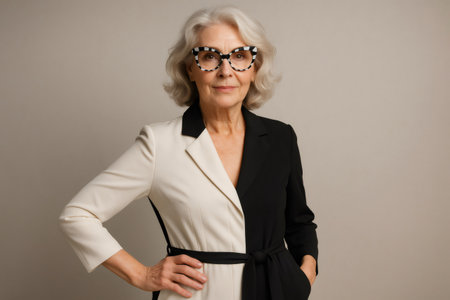 Confident mature businesswoman in stylish two tone suit and glasses stands with hand on hip, exuding professionalism and powerの素材