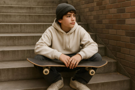 Young skater in casual streetwear sitting on stairs, holding a skateboard. Brick wall backdrop adds to the urban vibe and relaxed atmosphereの素材