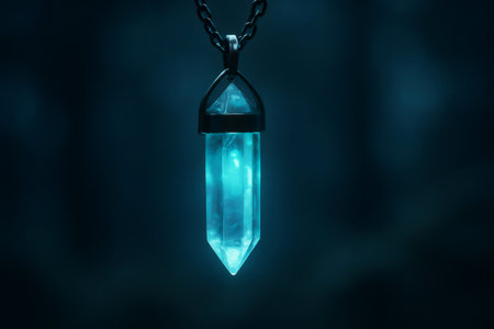 Close up of a luminous turquoise crystal pendant hanging on a silver chain, emitting a soft glow against a dark, blurred backgroundの素材