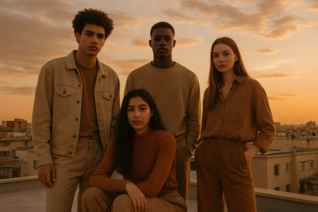 Four young adults stand confidently on a rooftop during sunset, embodying teamwork and diversity in an urban setting. The warm hues enhance their unityの素材