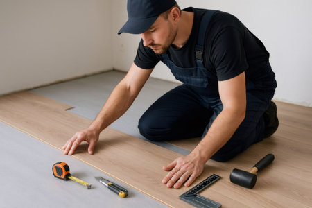 Professional worker installing new laminate floor planks with precision, utilizing various tools for an efficient home improvement projectの素材