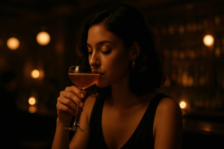 Young woman savors a sophisticated cocktail in the warm, intimate atmosphere of a dimly lit barの素材