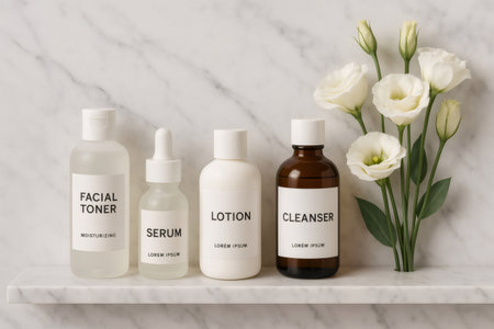 Facial toner, serum, lotion, and cleanser bottles arranged on a marble shelf alongside delicate white flowers, creating a serene and minimalist skincare sceneの素材