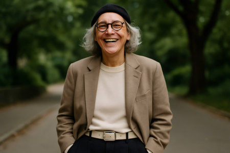 Portrait of a cheerful mature woman with gray hair, wearing a blazer and a beanie, laughing in a parkの素材