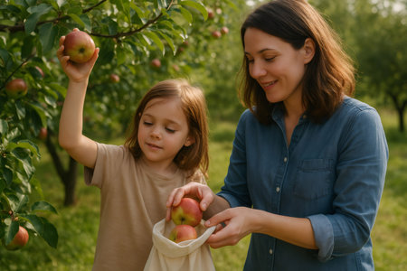 Happy mother and daughter picking apples in orchard, putting ripe fruits into reusable bag, enjoying autumn harvestの素材