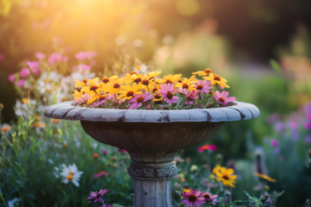 Beautiful flowers blooming in a birdbath in a garden at sunset, creating a peaceful and vibrant sceneの素材