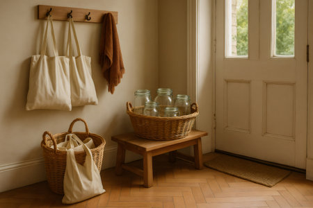 Reusable shopping bags hanging on wall hooks and glass jars in wicker baskets creating a cozy and sustainable entryway atmosphereの素材