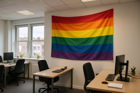 Large rainbow flag displayed on an office wall, symbolizing inclusivity and LGBTQ plus rights in the workplaceの素材