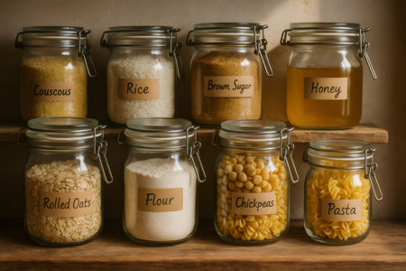 Glass jars with swing top lids containing honey, couscous, rice, brown sugar, rolled oats, flour, chickpeas and pasta, neatly arranged on wooden shelves in a pantryの素材