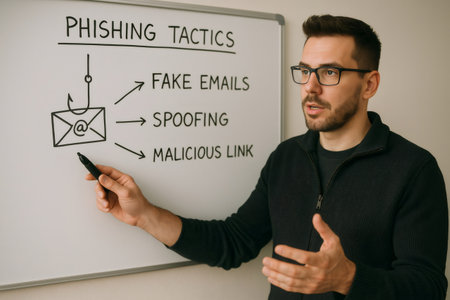 Cybersecurity expert pointing at a whiteboard explaining phishing tactics like fake emails, spoofing and malicious linksの素材