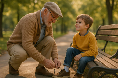 Grandfather tying his grandson's shoelaces while sitting on a bench in a park during a sunny autumn dayの素材