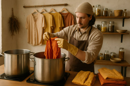 Man dyeing a piece of orange cloth in a pot with natural dye, working in his eco friendly dyeing studioの素材