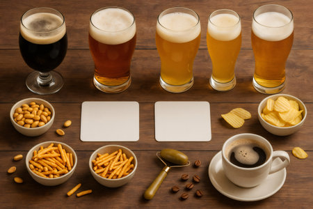 Beer glasses, coffee, snacks, and blank coasters arranged on wooden table, creating an inviting scene for beer tasting or casual gatheringの素材