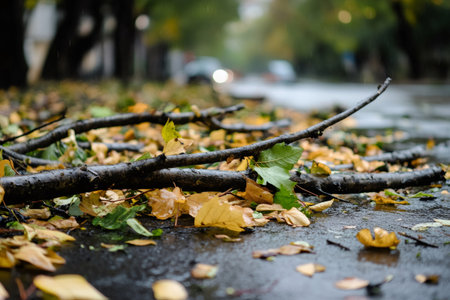 Freshly cut branches and leaves are scattered on wet asphalt during rain, creating an autumnal sceneの素材