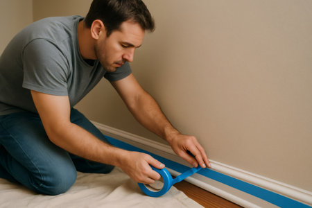 Man carefully applies blue painter's tape to baseboards, preparing for a clean and precise painting job on a beige wall. A drop cloth protects the floorの素材