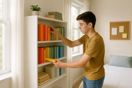 Teenage student arranging books by color on white bookshelf in his bedroom, creating a visually appealing and organized spaceの素材