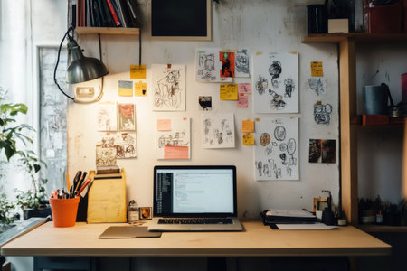 Modern creative office workspace with laptop on desk and hand drawn sketches pinned to wall, showing designer's work processの素材
