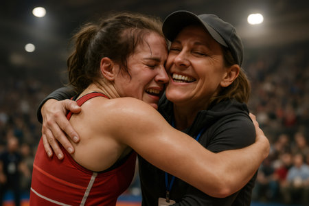 Two happy female athletes embracing after a wrestling match, celebrating victory and hard workの素材