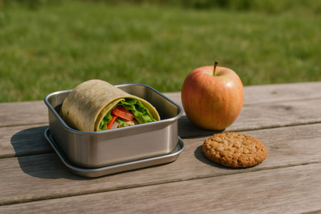 Metal lunchbox with tortilla wrap, lettuce and tomatoes, an apple and an oatmeal cookie on a wooden table, perfect for a healthy outdoor lunchの素材