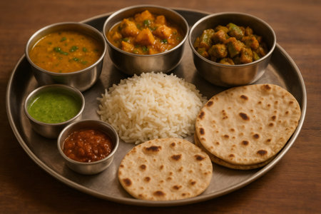 Indian thali featuring rice, chapati, and an assortment of flavorful curries and chutneys, beautifully arranged on a round metal platterの素材