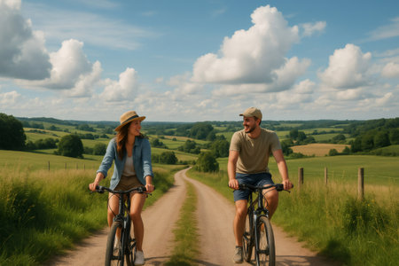Two friends cycling along a picturesque country path, surrounded by lush green fields and a clear blue sky, embracing nature and adventureの素材