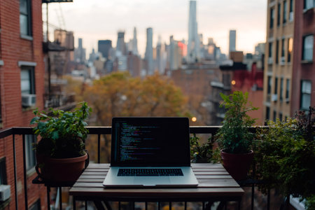 Modern laptop displaying lines of code, placed on a small balcony table with potted plants and overlooking the New York City skylineの素材