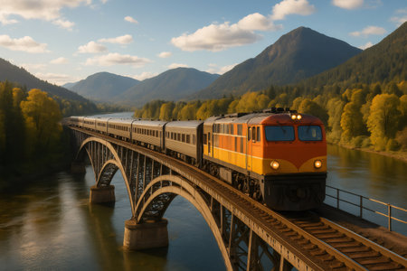 Passenger train traveling on railway bridge over river in scenic mountain valley with colorful autumn foliageの素材