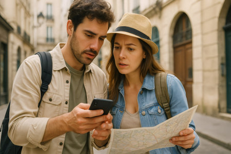 Couple explores a city street using a map and smartphone for navigation. They appear focused and engaged in finding their wayの素材