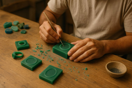 Jeweler carefully carving green wax ring mold at wooden workbench, creating jewelry through lost wax casting methodの素材