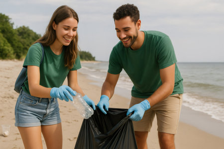 Two volunteers wearing gloves collect plastic waste on a sandy beach, promoting environmental awareness and teamwork in a coastal settingの素材