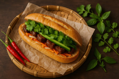 Delicious banh mi sandwich filled with savory meat, fresh cilantro, cucumber, and pickled vegetables on a wooden tray with red chili peppersの素材