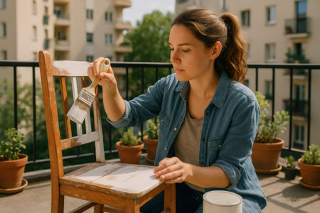 Restoring furniture on a sunny day, a woman carefully paints a wooden chair white, giving new life to an old pieceの素材