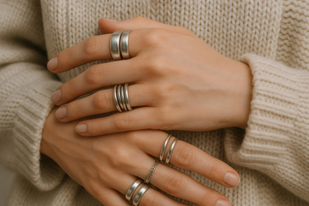 Close up of hands adorned with multiple stacked silver rings, highlighting minimalist jewelry style against a cozy knitted sweater backdropの素材