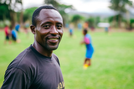 Portrait of a smiling African soccer coach watching young players training on a field in Kenyaの素材