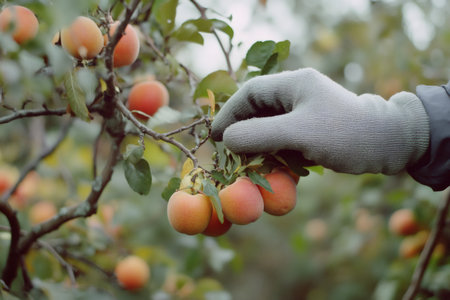 Gloved hand picking ripe apricots from a tree branch in an orchard, showcasing the fruit harvestの素材
