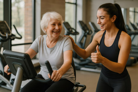 Senior woman exercising on a stationary bike, supported by a smiling personal trainer. Indoor gym setting with cardio equipment in the backgroundの素材