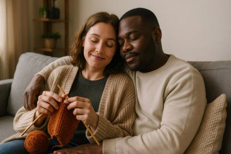 Couple relaxes on a sofa, with one partner knitting while the other rests their head affectionately, creating a warm and intimate atmosphereの素材